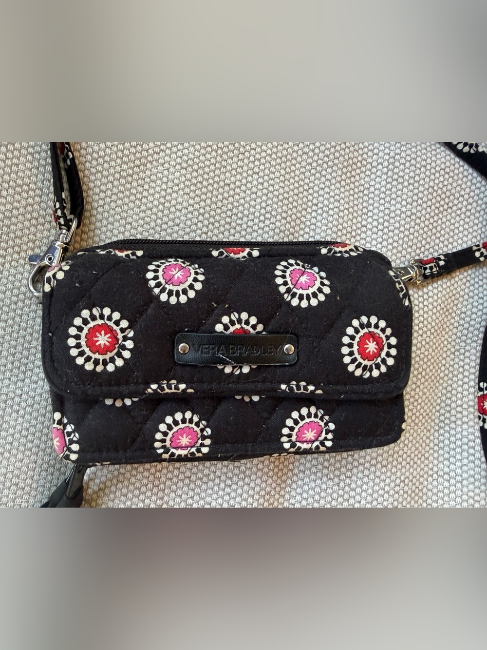 Vera Bradley Black Quilted Crossbody Wallet with Pink & Red Floral Circles
